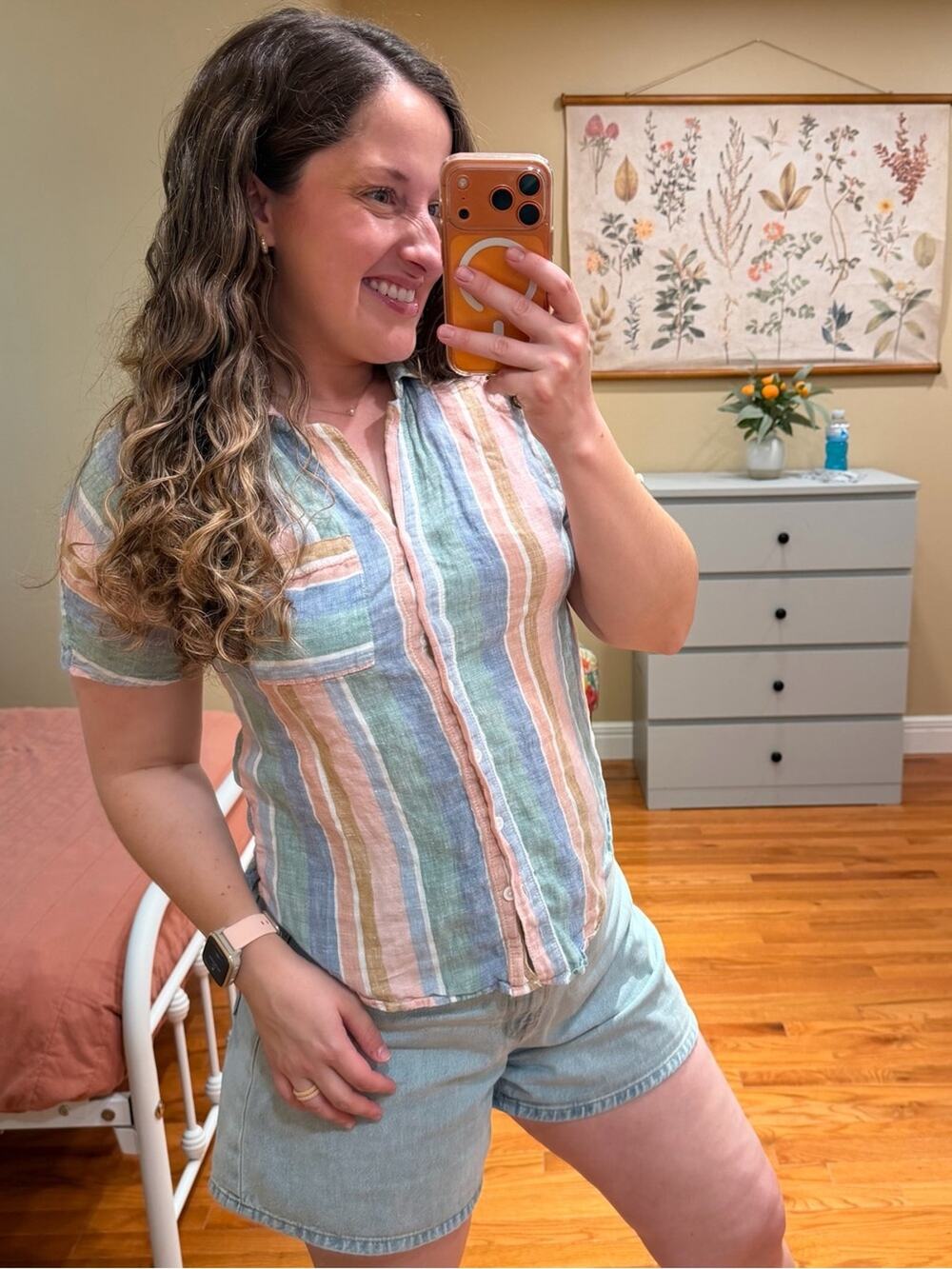 Garnet Hill Pure Linen Striped Pastel Button-Front Short Sleeve Top - Multi 4